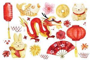 dibujo de acuarela. conjunto de imágenes prediseñadas de año nuevo chino. lindos dibujos de dragones chinos, linternas, fuegos artificiales en color rojo y dorado vector