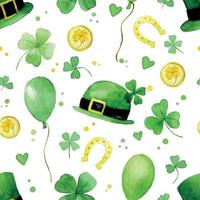 watercolor seamless pattern on the theme of st. patrick's day. cute print with green elements of four-leaf clover, horseshoes, gold coins.