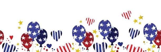 watercolor seamless border, american independence day frame. July 4, festive background with balloons, fireworks, flags. cute illustration vector