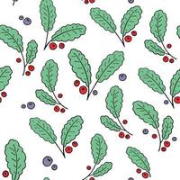 hojas verdes de patrones sin fisuras y bayas rojas bayas azules. cosecha de otoño. bayas de verano. ilustración de stock de bayas aislada sobre fondo blanco. patrón lindo para papel tapiz de papel de regalo textil vector