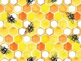 seamless watercolor pattern with honeycombs and little bees. abstract print of farming, beekeeping. eco food. vector