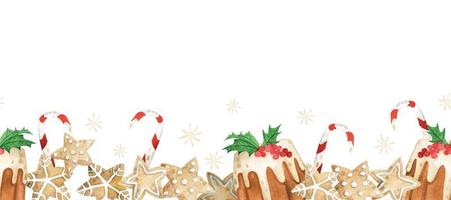 borde transparente acuarela con dulces navideños. galletas dulces de jengibre, brownies, piruletas y caramelos. símbolo de año nuevo, navidad, vacaciones de invierno vector