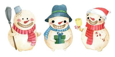 watercolor drawing. set with cute snowmen. drawing in the style of a cartoon on the theme of the new year, christmas. vector