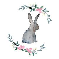 watercolor drawing. cute easter bunny and flower wreath. boho style, vintage. decoration for the holiday of Easter, spring. Easter Bunny vector