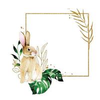 watercolor drawing. golden frame for easter. golden square frame with easter bunny and green tropical palm leaves and golden elements vector