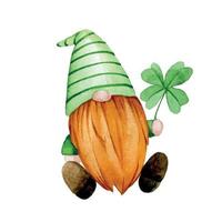 watercolor drawing. illustration for  st patrick's day. cute gnome, leprechaun in green clothes with a four-leaf clover. clipart character. vector