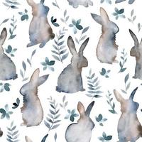 seamless watercolor pattern with Easter bunnies. minimalistic print with simple silhouettes of hares, leaves and plants on a white background. natural colors, forest animals vector