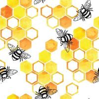 patrón de acuarela sin costuras con abejas melíferas y pequeñas abejas lindas. panal amarillo y naranja sobre un fondo blanco. vector