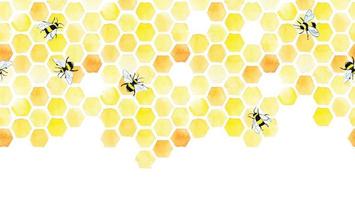 watercolor seamless border, pattern with honeycomb and cute bees. hand drawing, yellow honeycomb, print on the theme of farming, organic products, beekeeping, honey production. web banner vector