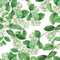 seamless watercolor pattern with snow berry. leaves, branches and berries of a plant snow berry isolated on white background. print on the theme of christmas, winter, new year. realistic plants vector