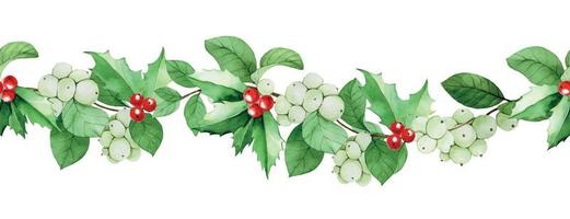 seamless watercolor border, frame, banner with snow berry and holly. leaves, branches and berries of the plant snow berry, holly isolated on white background. print on the theme of christmas, winter vector