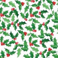 watercolor seamless pattern with holly on a white background. simple christmas new year print with red berries and green leaves. vector