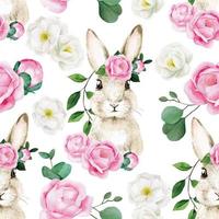 watercolor seamless pattern for easter holiday. cute easter bunny with rose, peony flowers on white background. white and pink flowers, vintage vector