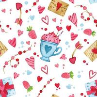 valentine's day watercolor seamless pattern. cute pink print in vintage style. hearts, garlands, letters, postcards.