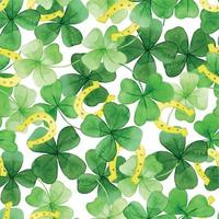 watercolor seamless pattern on it for st. patrick's day. green four-leaf clover and golden horseshoes. cute holiday print vector