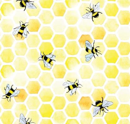 watercolor seamless pattern with bees and honeycomb. cute background with yellow honeycombs and bees, hand drawing. farming symbol, honey, eco-friendly healthy products