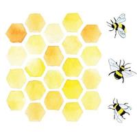 watercolor seamless pattern with bees and honeycomb. cute background with yellow honeycombs and bees, hand drawing. farming symbol, honey, eco-friendly healthy products vector