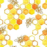 patrón de acuarela sin costuras con abejas melíferas y pequeñas abejas lindas. panal amarillo y naranja sobre un fondo blanco.