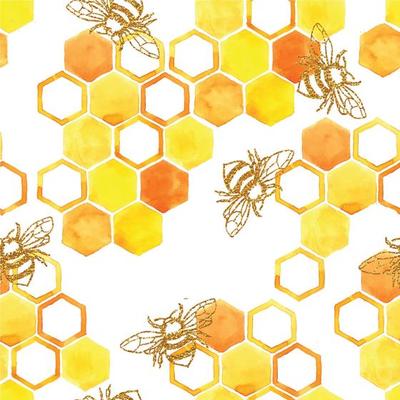 seamless watercolor pattern with honey bees and little cute bees. yellow and orange honeycomb on a white background.