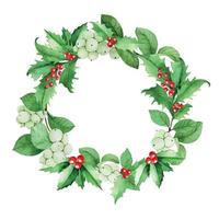 watercolor drawing christmas wreath of holly leaves and berries and snowberry. isolated on white background wreath, frame from leaves and berries. holiday christmas, new year. vector