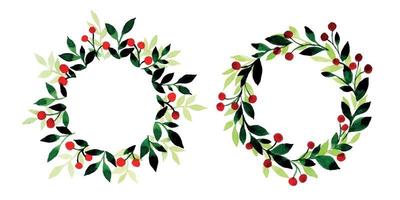 watercolor drawing. set of Christmas wreaths of green leaves and red berries. round frame, wreath of simple leaves. clipart isolated on white background vector