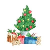 watercolor drawing in the style of cartoon. christmas composition tree christmas gifts. greeting card. vector