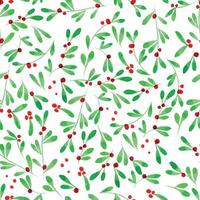 simple watercolor pattern for christmas, new year. cute green leaves and berries isolated on white background. vector