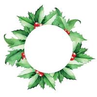 watercolor round frame of Christmas holly leaves and berries. christmas clipart, frame for congratulations, postcards. new year, holiday decoration. vector