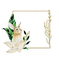 watercolor drawing. golden frame for easter. golden square frame with easter bunny and green tropical palm leaves and golden elements vector