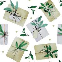 acuarela de patrones sin fisuras con regalos de navidad en estilo boho, materiales naturales. impresión para navidad, año nuevo, regalos en embalaje de papel artesanal con ramas de abeto y hojas de eucalipto vector