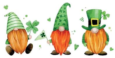 watercolor drawing. set for st patrick's day. cute gnomes, leprechauns in green clothes with a four-leaf clover. clipart characters. vector
