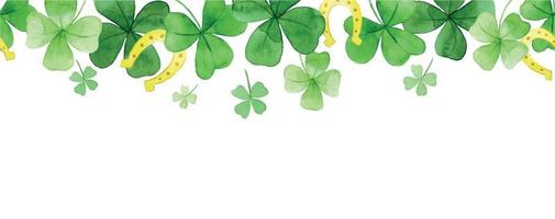 watercolor seamless border on it st patrick's day. green four-leaf clover and golden horseshoes. web banner, frame