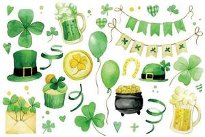 watercolor drawing. large set of cute illustrations for st patrick's day. green elements, flags, four leaf clover, beer, balls and salutes vector