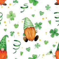 acuarela de patrones sin fisuras para st. día de San Patricio. lindo estampado con gnomos leprechauns elementos verdes, trébol de cuatro hojas sobre fondo blanco. estilo de dibujos animados de san patricio vector