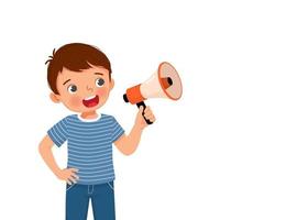 cute little boy holding megaphone speaking and shouting making announcement vector