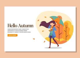 Landing page of woman walking with umbrella in the warm autumn day vector