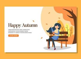 A woman sitting in the bench in the warm autumn day landing page vector