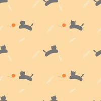 Seamless pattern of gray cat with white feather and orange knitting wool on yellow background. vector