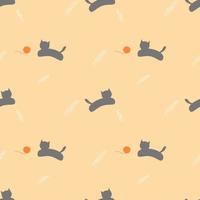 Seamless pattern of gray cat with white feather and orange knitting wool on yellow background. vector