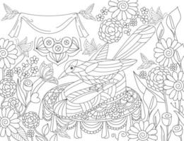 pájaro en el jardín flor blanco y negro libro para colorear contorno vector ilustración