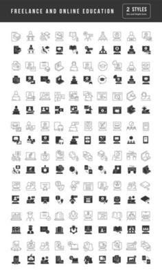 Set of simple icons of Freelance and Online Education