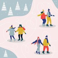 Ice rink with happy couples. People ice skating. Flat vector illustration.