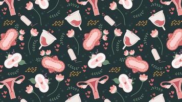 patrón de menstruación sin fisuras, fondo, pancarta con útero, tazas y toallas higiénicas femeninas. fondo repetitivo. Ilustración de vector plano colorido