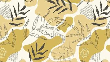 Botanical seamless pattern on a rectangular horizontal background. Trendy abstract pattern, tropical leaves, gold, pastel earthy colours. Vector illustration.