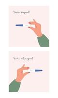Illustration of a woman's hand holding a negative pregnancy test and a positive one. Instructions on how to determine if you are pregnant. Vector