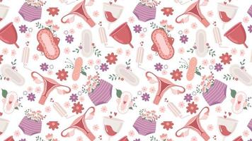 Seamless background, menstruation-themed banner with uterus, cups and feminine sanitary pads on white background. Colourful flat vector illustration