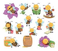 conjunto de ilustraciones con carácter de abeja vector