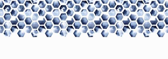 watercolor illustration seamless border, hexagonal tile pattern. bee honeycomb, indigo blue on a white background. abstract print with paint spots. vector