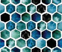 abstract watercolor pattern with colored honeycombs. hexagons in blue and green, indigo and ultramarine on a white background. print tiles, morocco vector