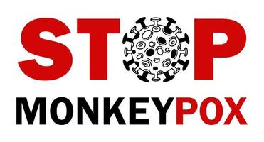 Stop monkeypox vector banner. Template with text against virus infection. Smallpox outbreak, contagious viral disease. Illustration isolated on white. Medical concept for scientific sites, brochures